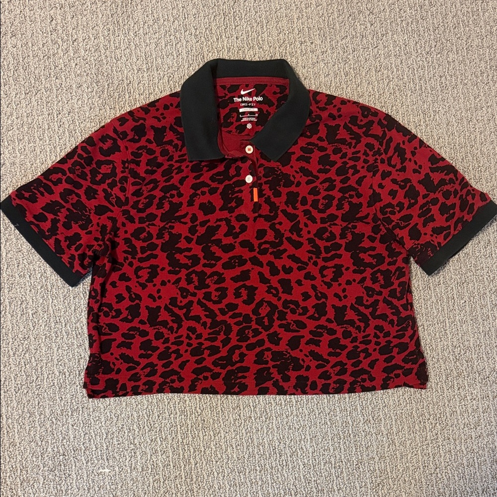 Nike Red and Black Leopard Print Cropped Polo size S